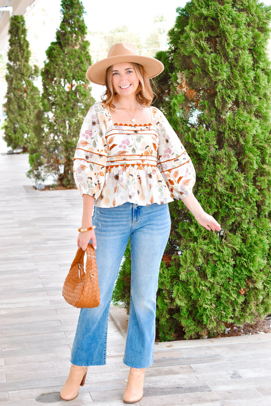 Brown Watercolor Floral Peplum Blouse