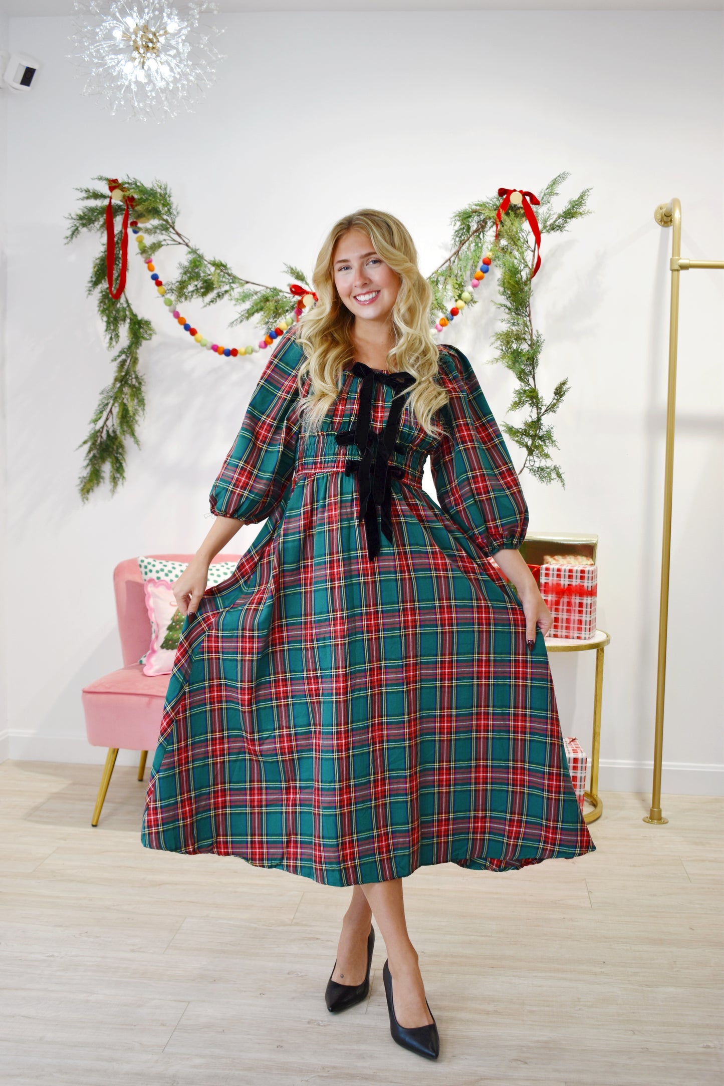 Tied With A Bow Green Plaid Midi Dress