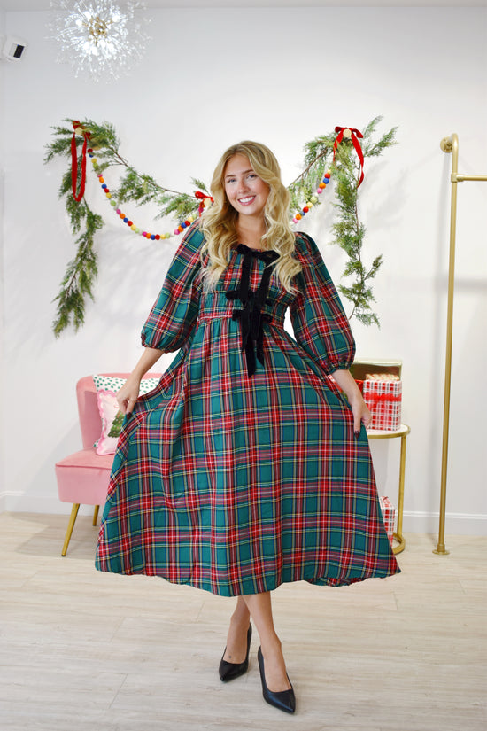 Tied With A Bow Green Plaid Midi Dress