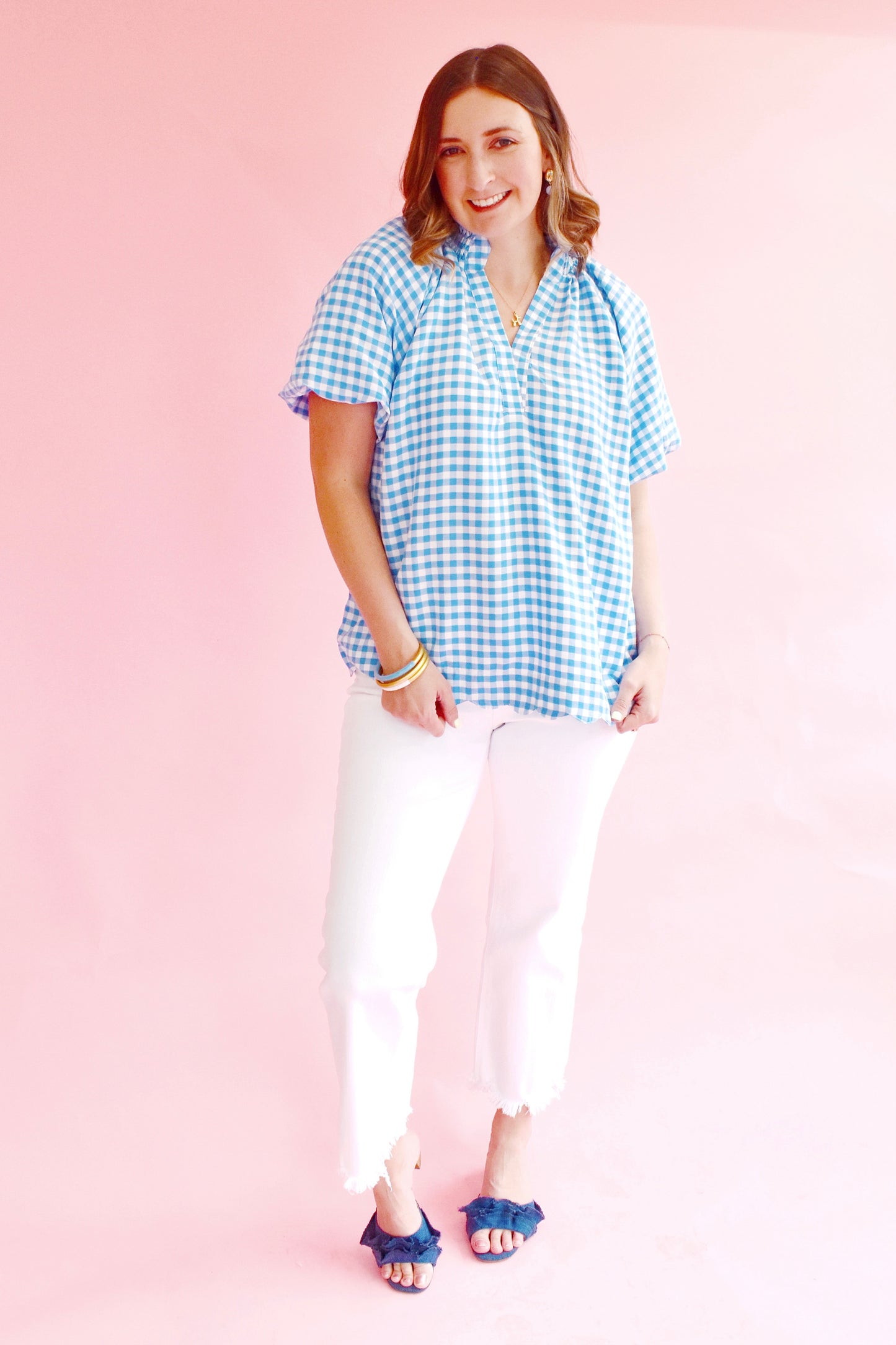 Blue Gingham Scallop Hem Blouse