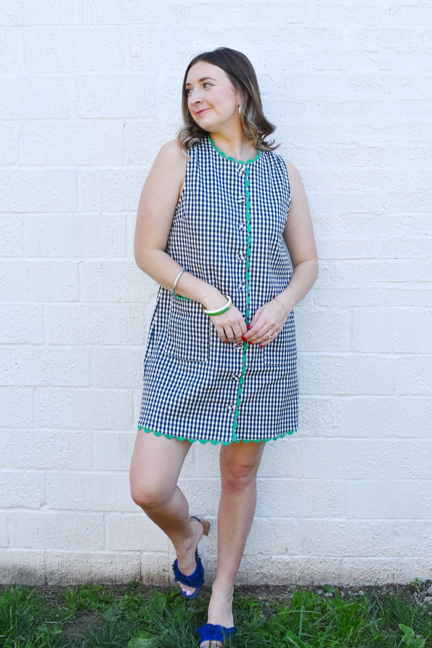 Navy Gingham Green Scallop Detail Shift Dress