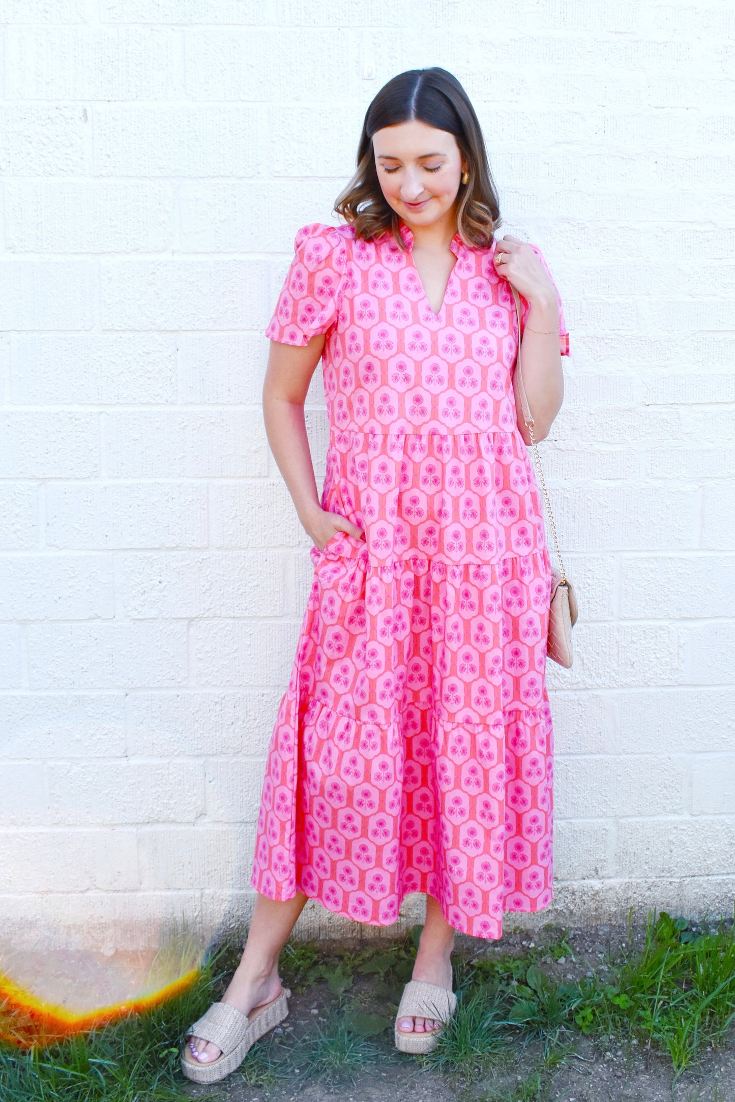 Mary Square Ivy Dress Rosette Charm Pink