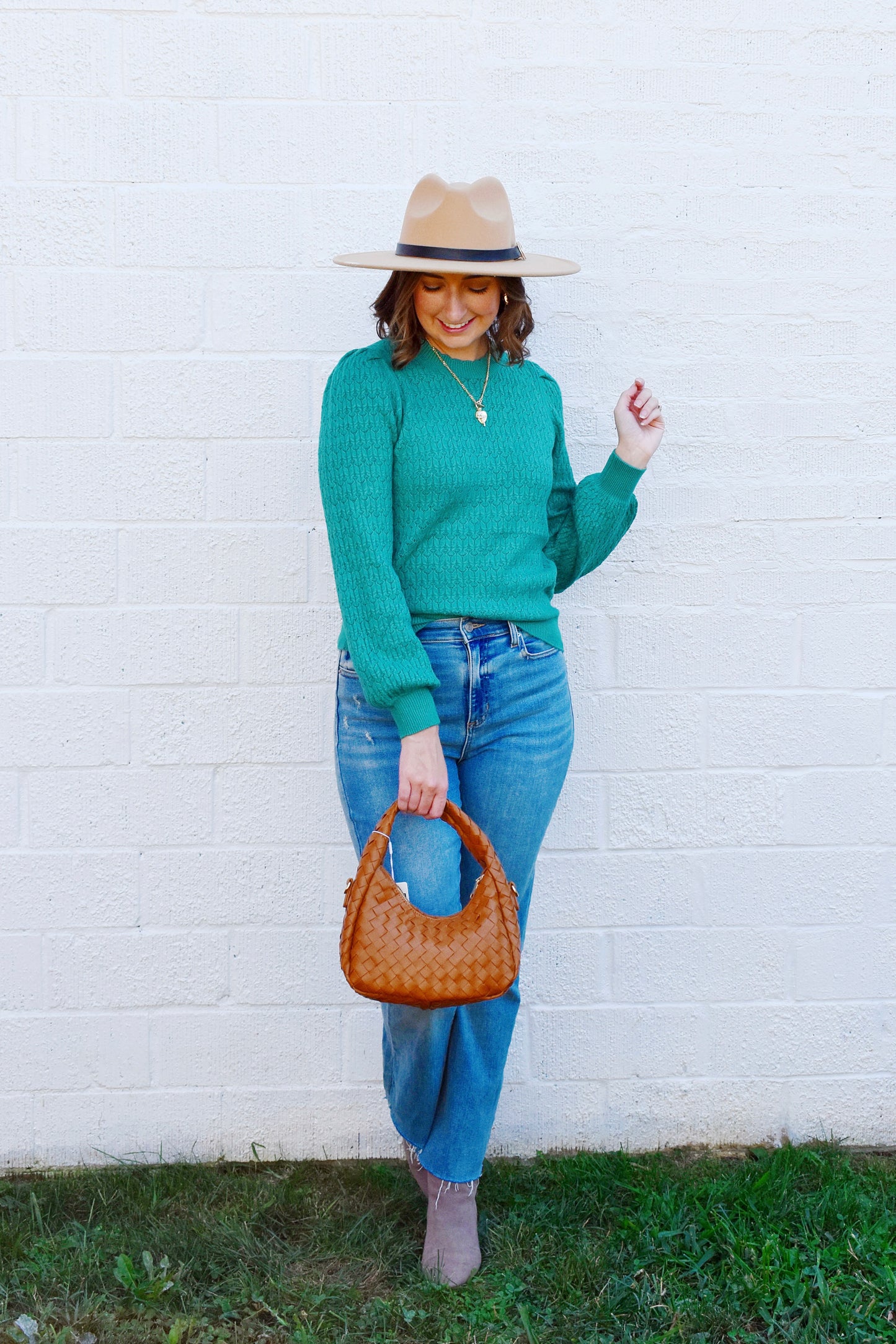 Sea Green Puff Sleeve Scallop Sweater