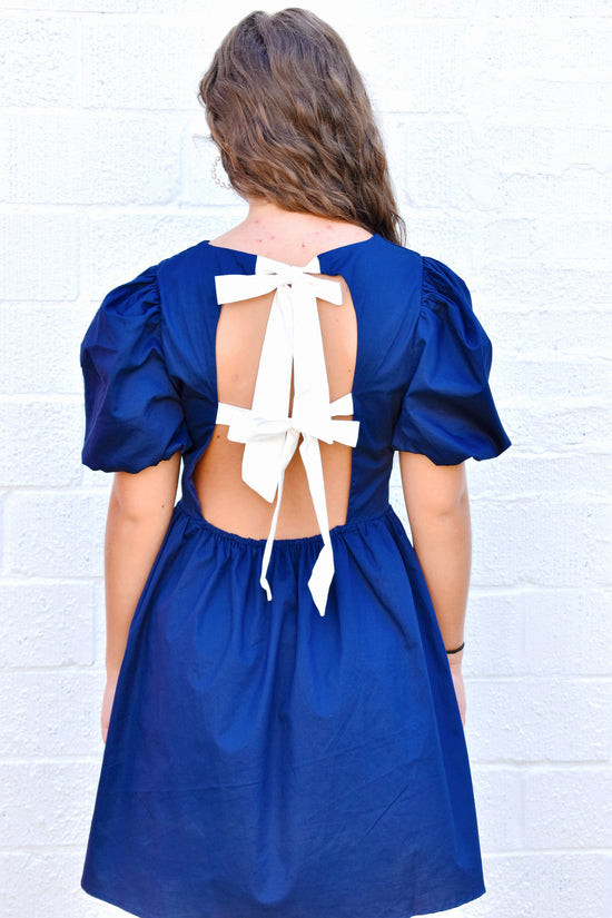 Navy Bubble Sleeve Dress White Bow Back