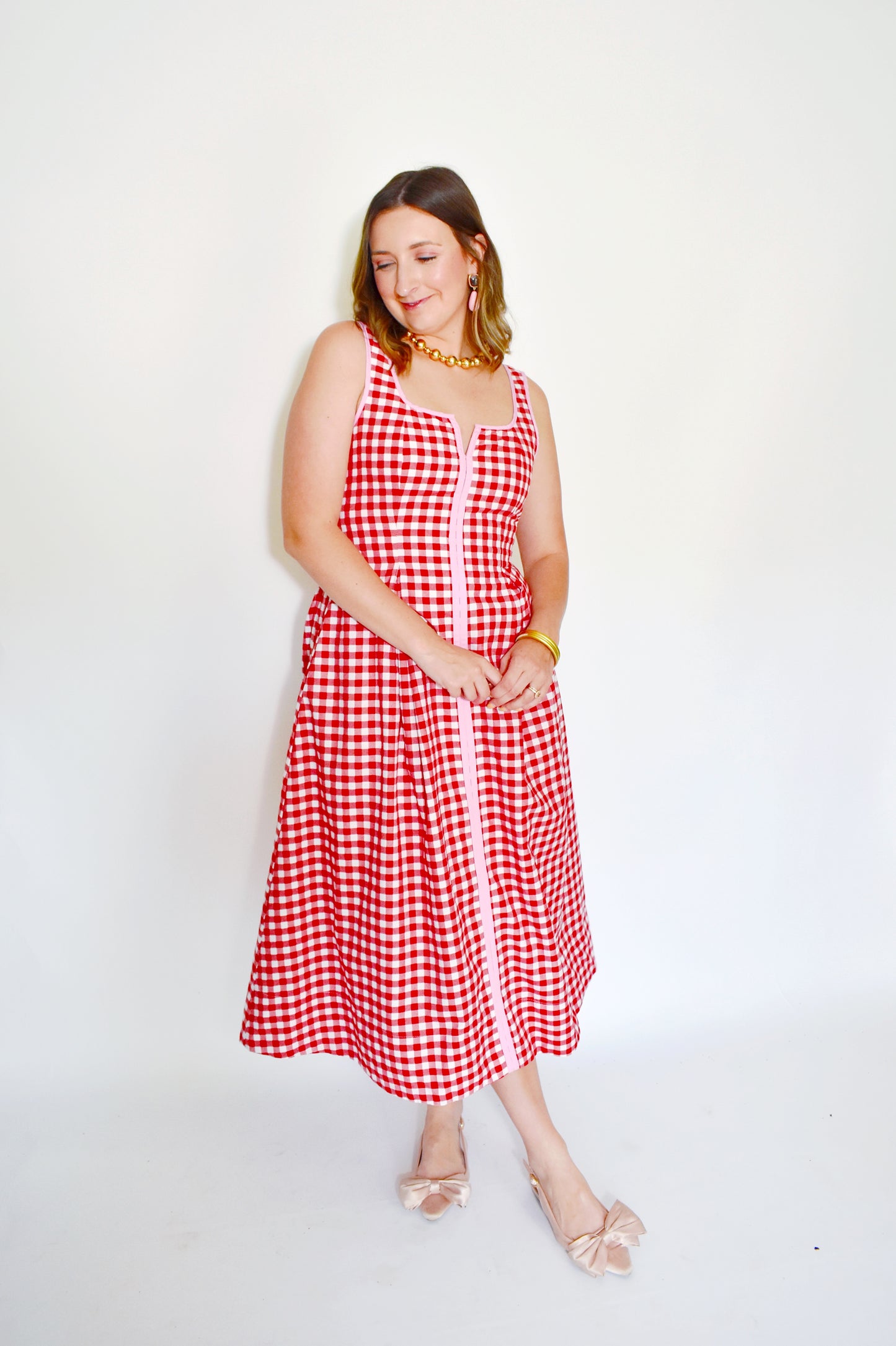 Red Gingham Pink Trim Midi Dress