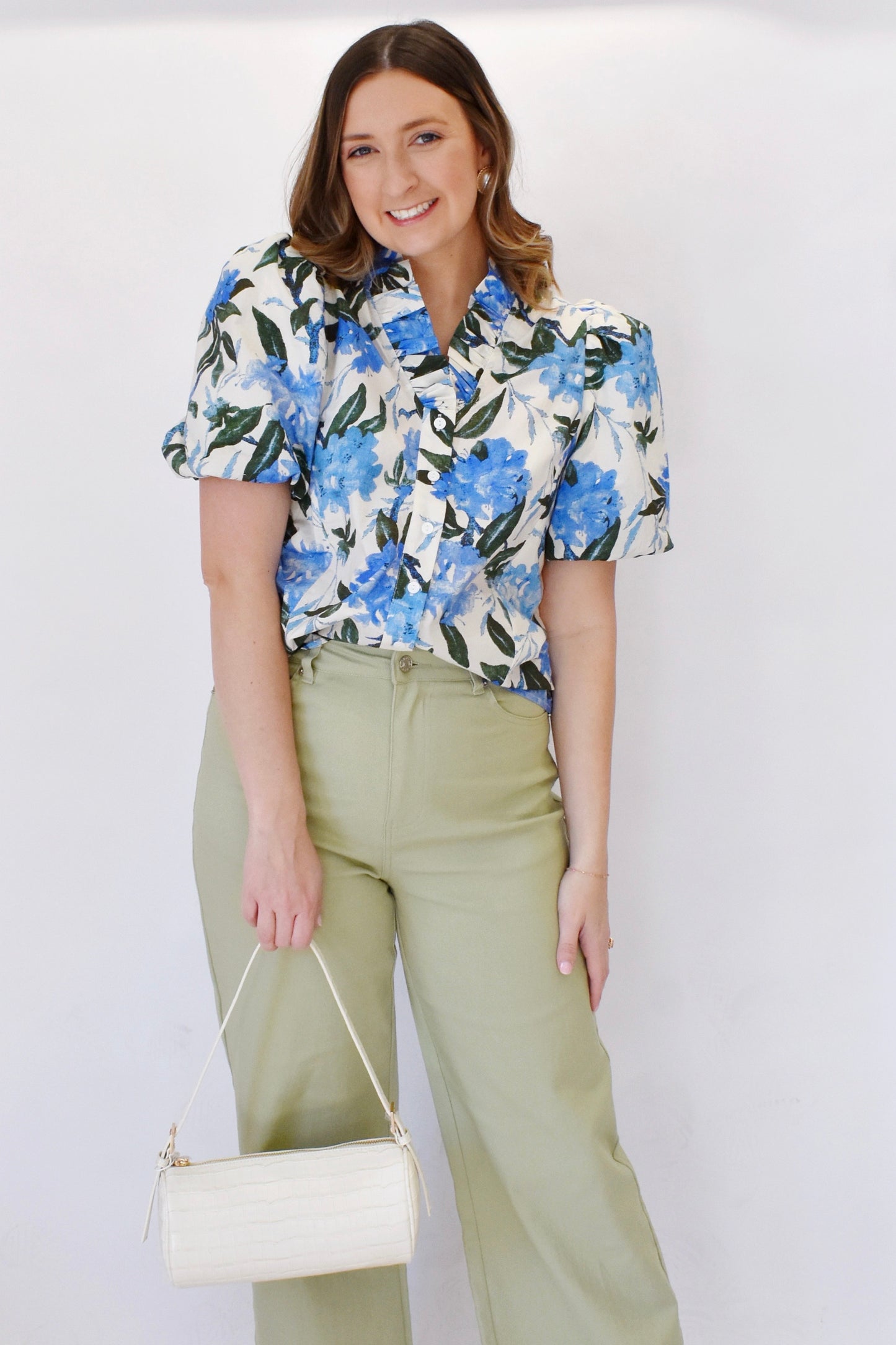 Blue Floral Button Up Puff Sleeve Top