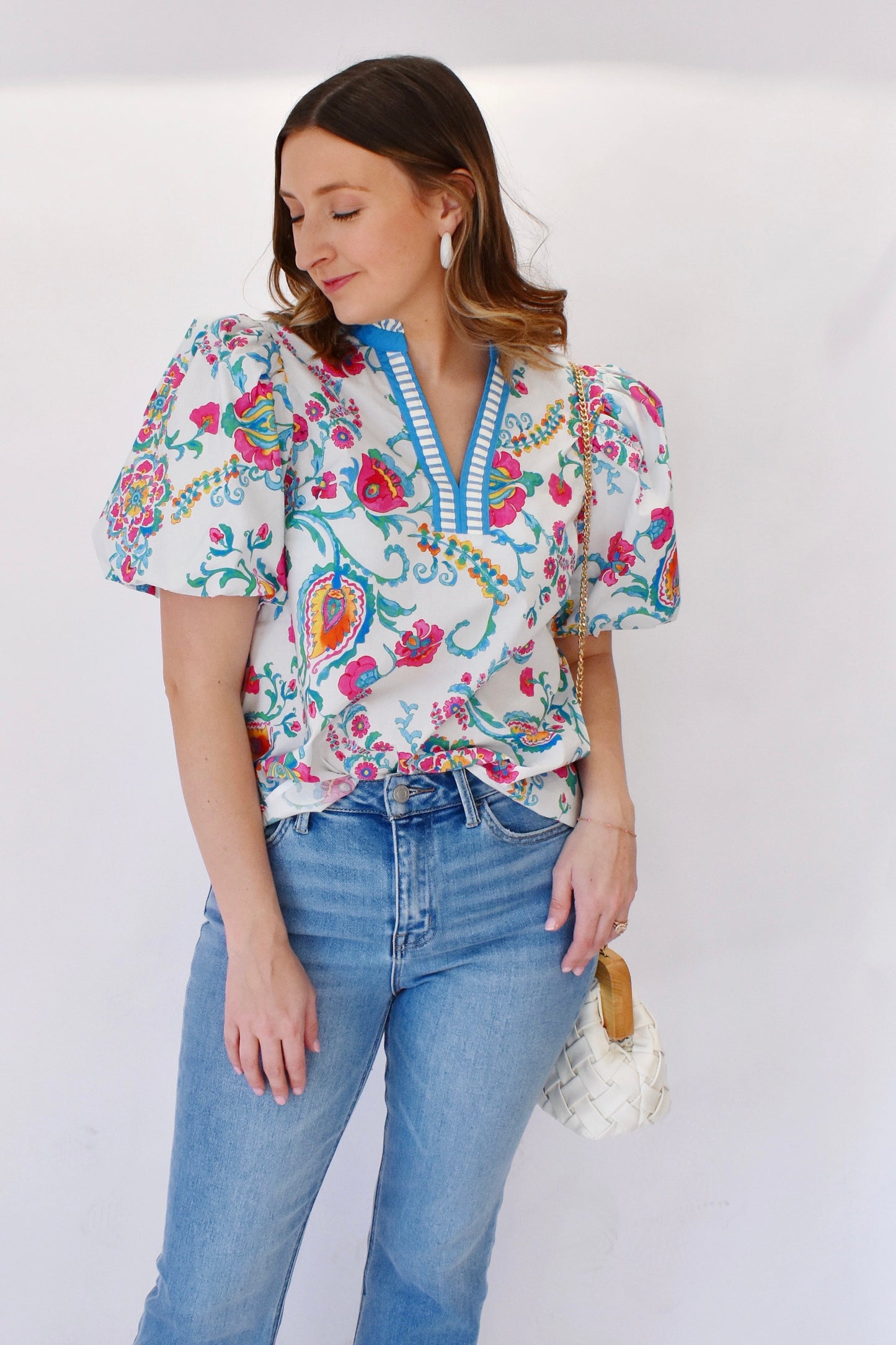 Multi Floral Stripe Contrast Puff Sleeve Top