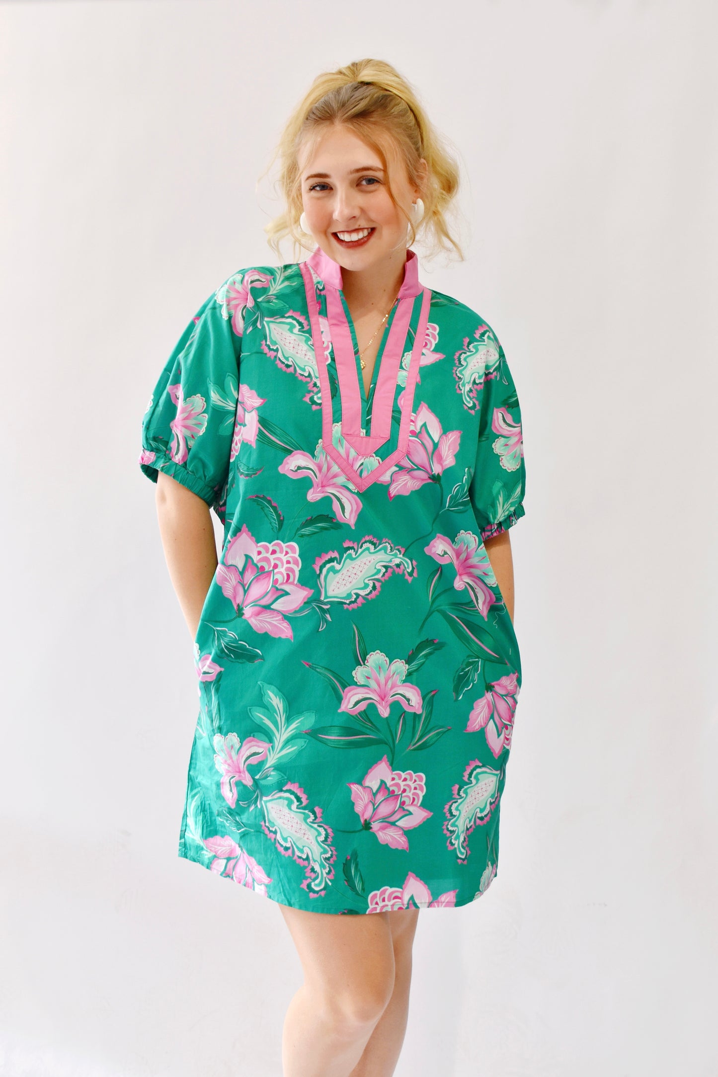 Green Pink Contrast Floral Mini Dress