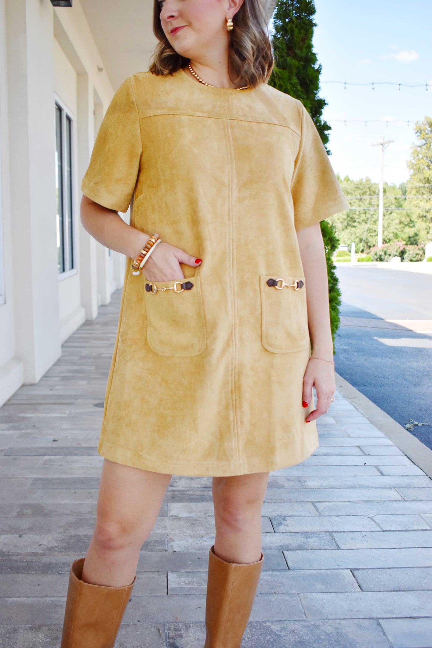 Suede Horsebit Pocket Dress