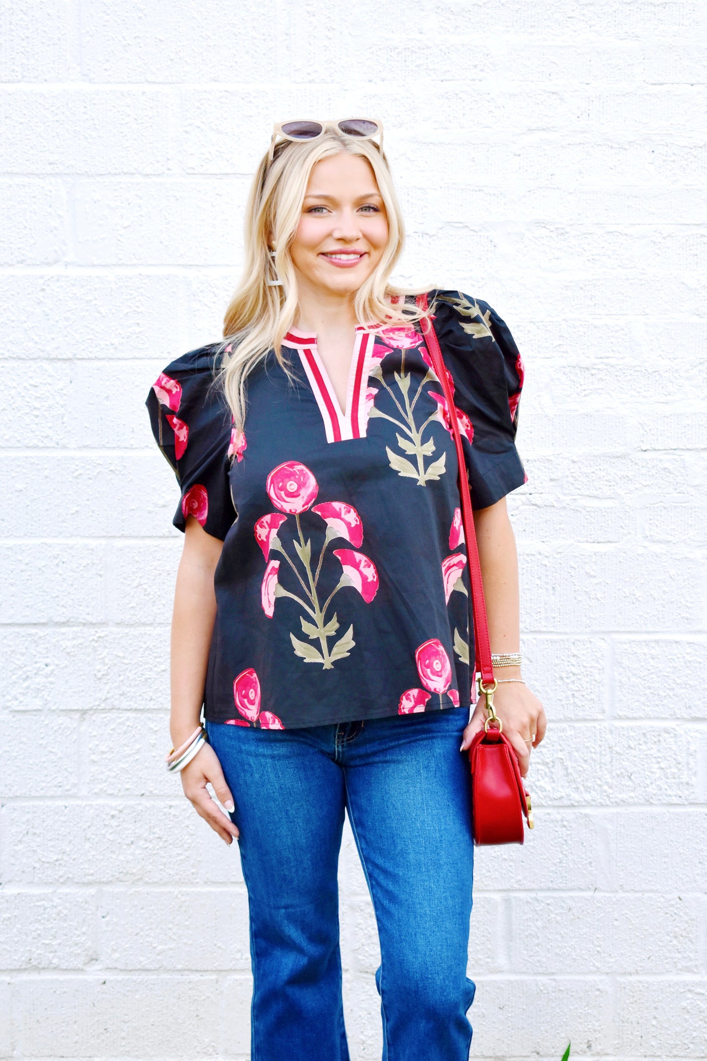 Black Floral Contrast Trim Puff Sleeve Blouse