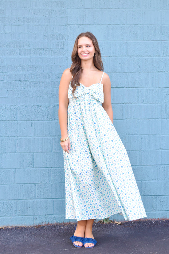 Blue Ditsy Floral Bow Maxi Dress