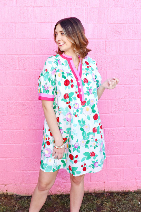 White Colorful Floral Contrast Trim Dress