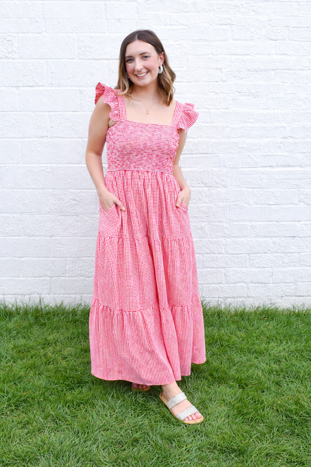 Red Gingham Smocked Ruffle Strap Maxi Dress