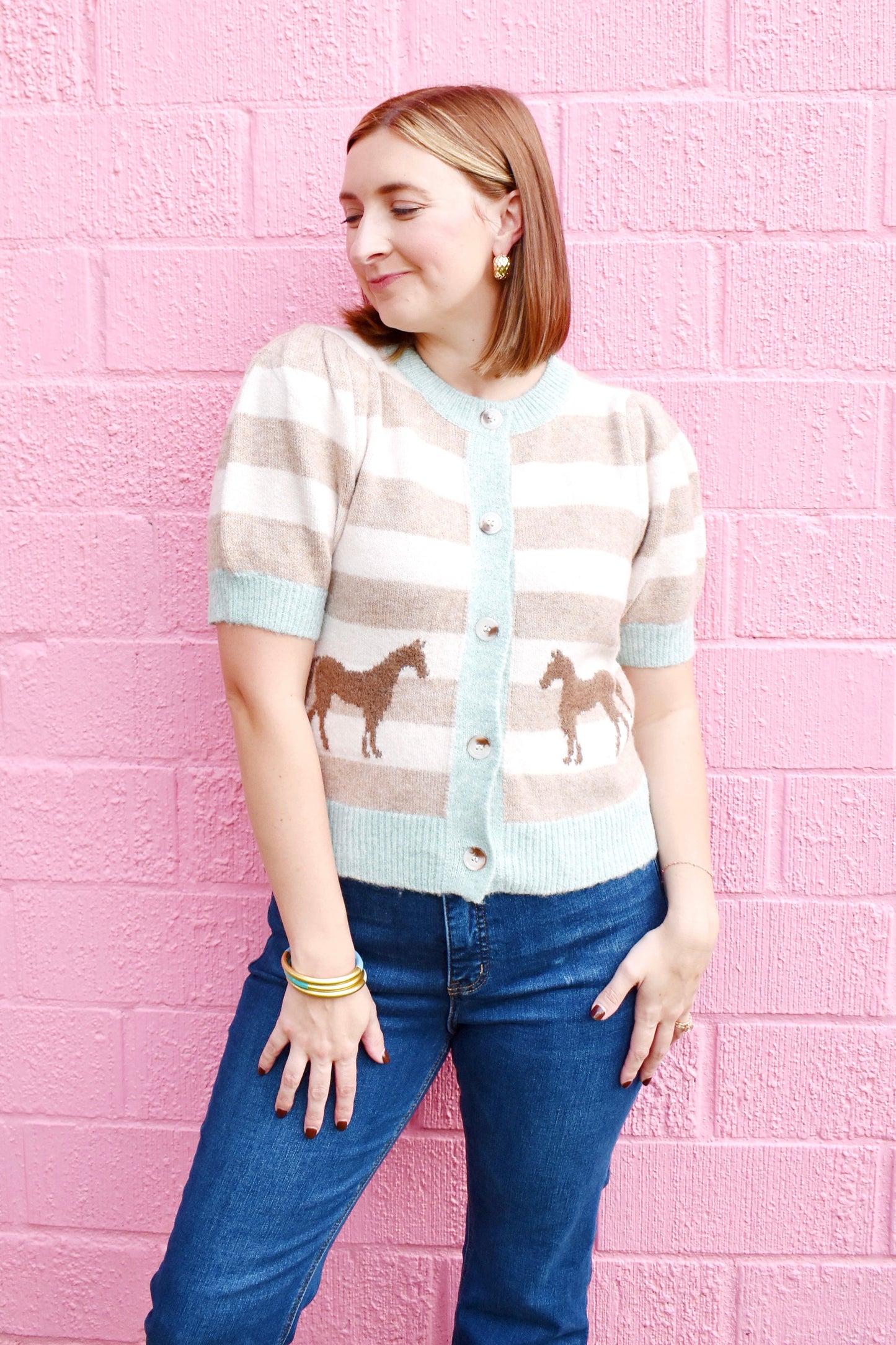 Mint Striped Horse Short Sleeve Cardigan