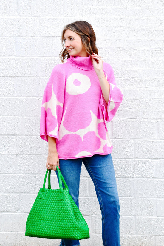 Bright Pink Floral Turtleneck Sweater