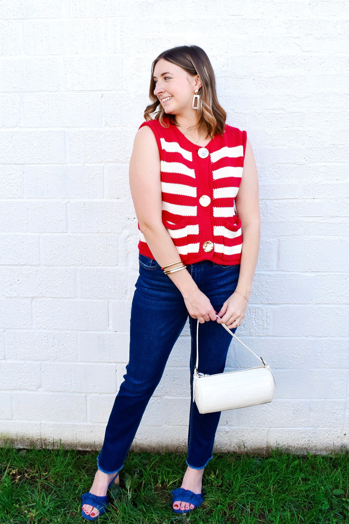 Red Striped Gold Button Sweater Top