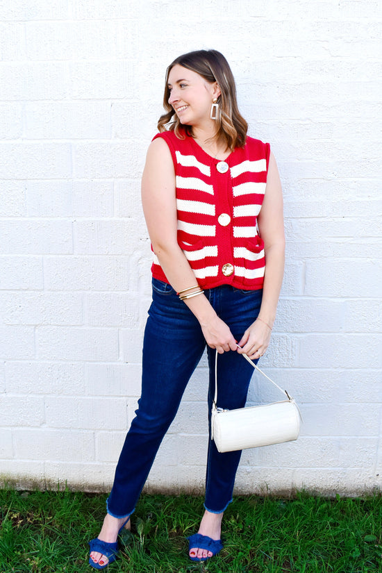 Red Striped Gold Button Sweater Top