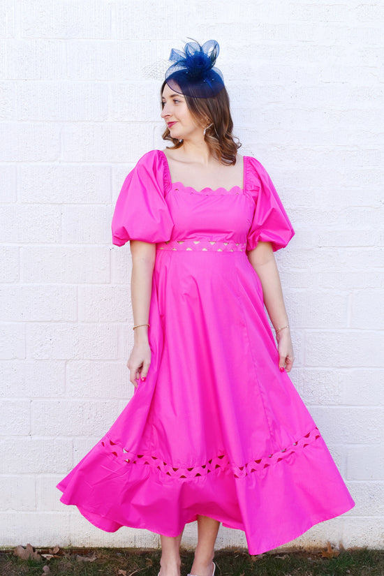 Hot Pink Puff Sleeve Scallop Trim Midi Dress