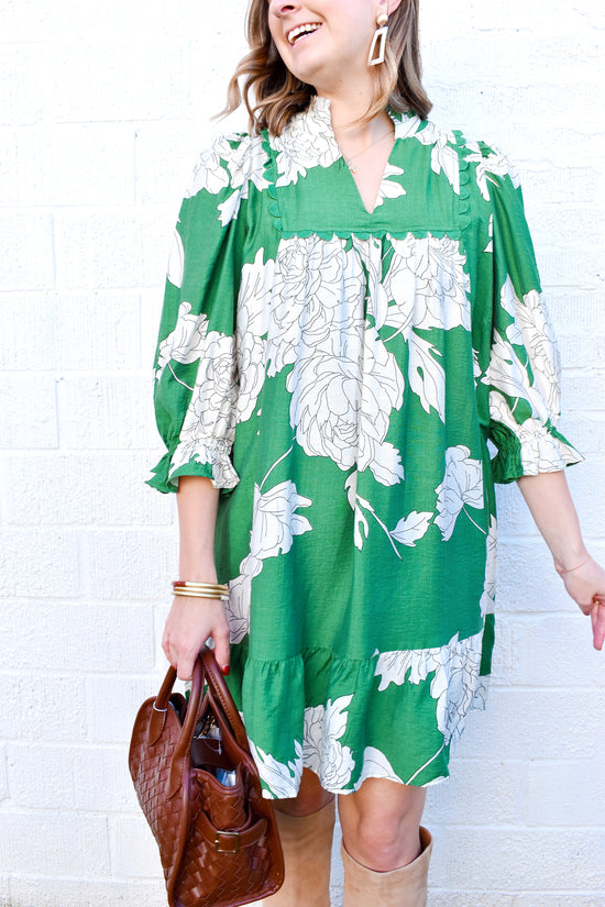 Green Floral Babydoll Mini Dress