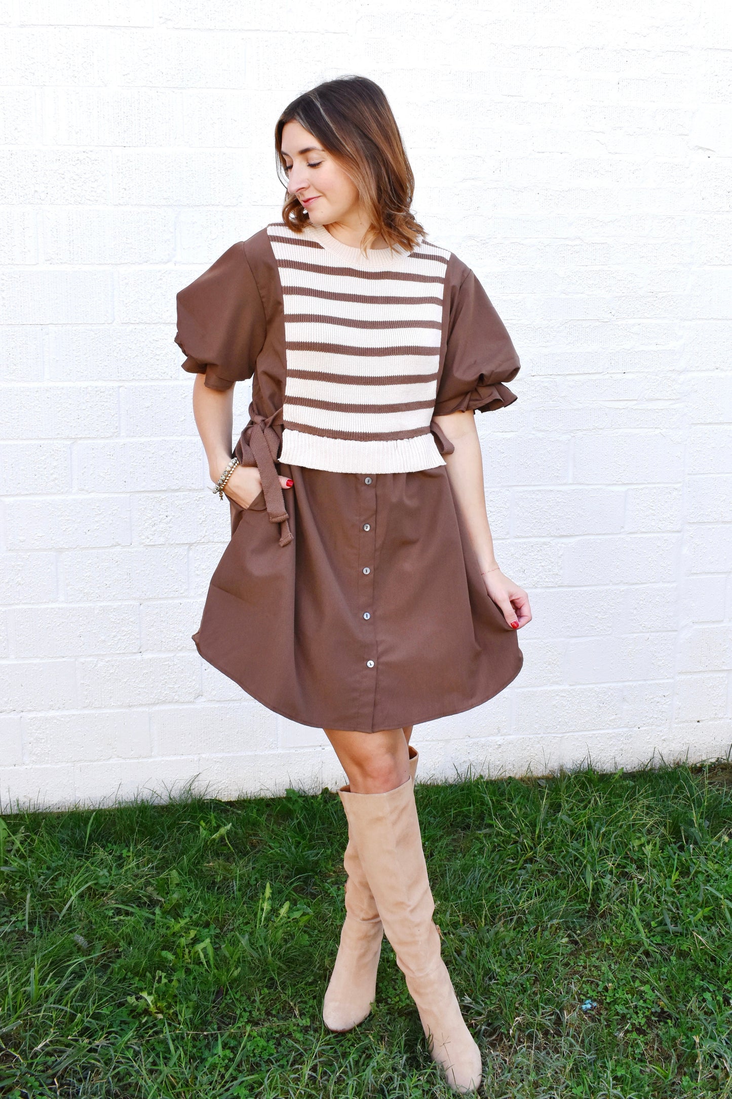 Brown Layered Puff Sleeve Dress