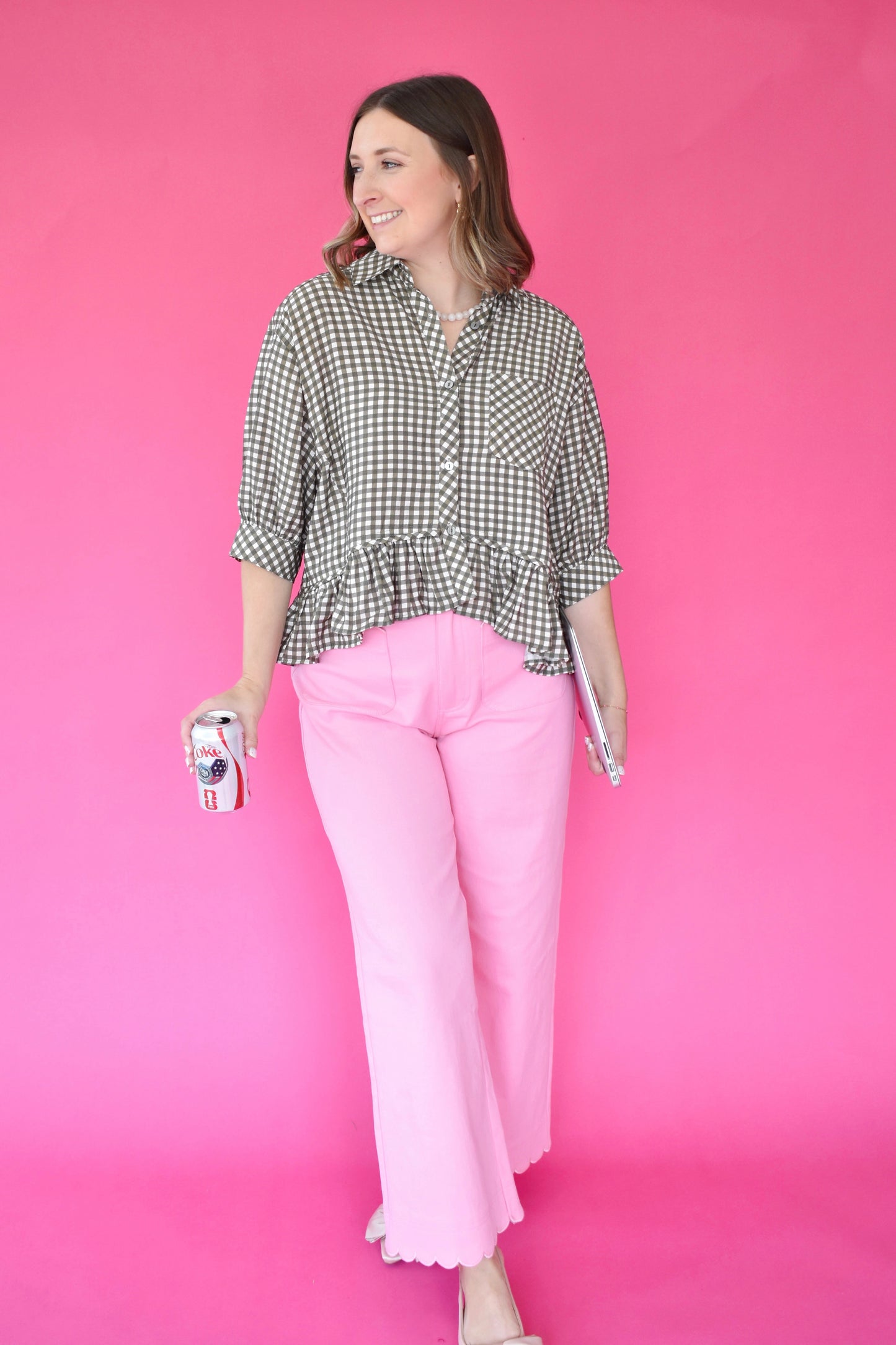 Olive Gingham Ruffle Hem Button Down Top