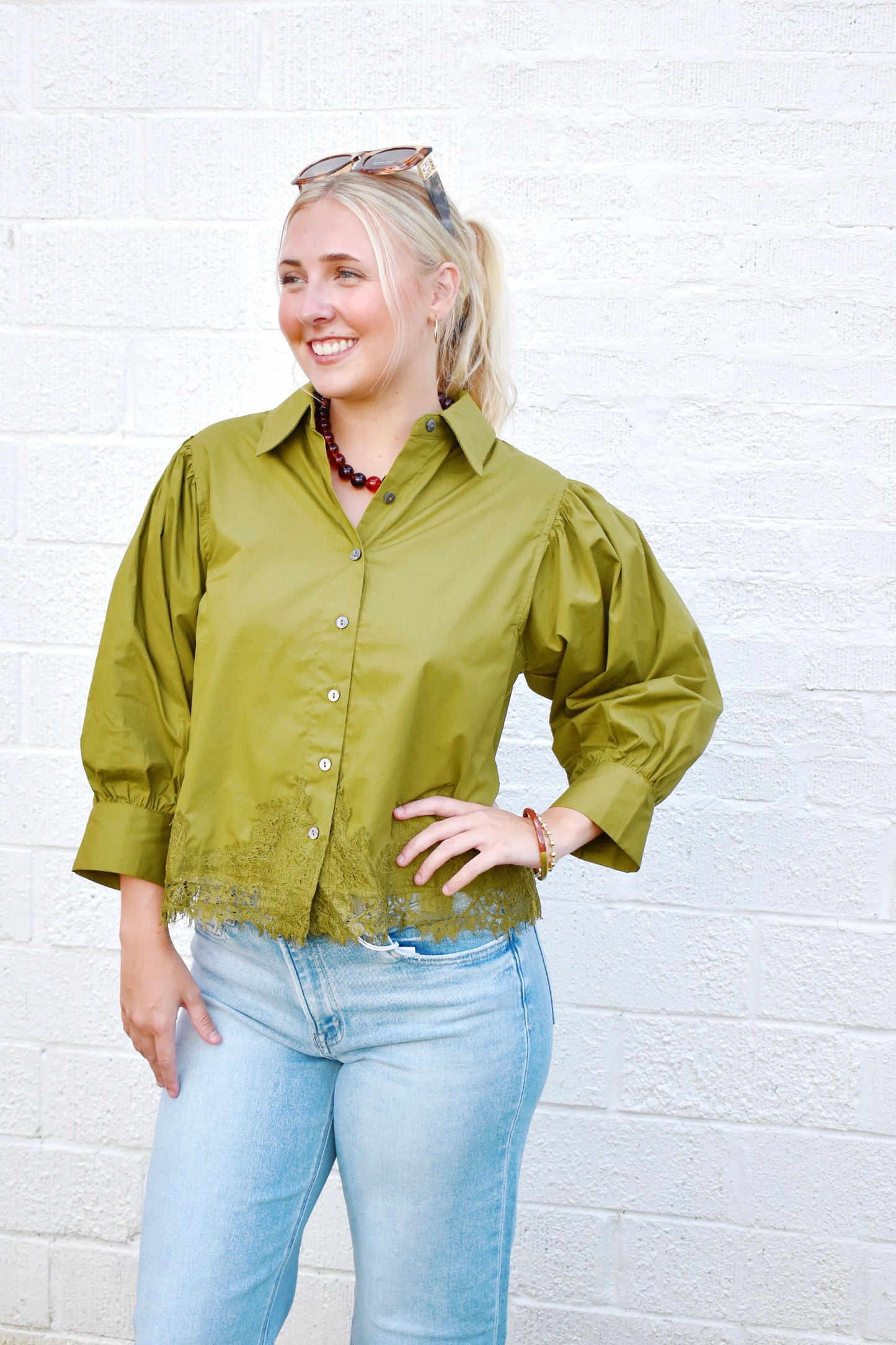 Martini Olive Lace Trim Button Down