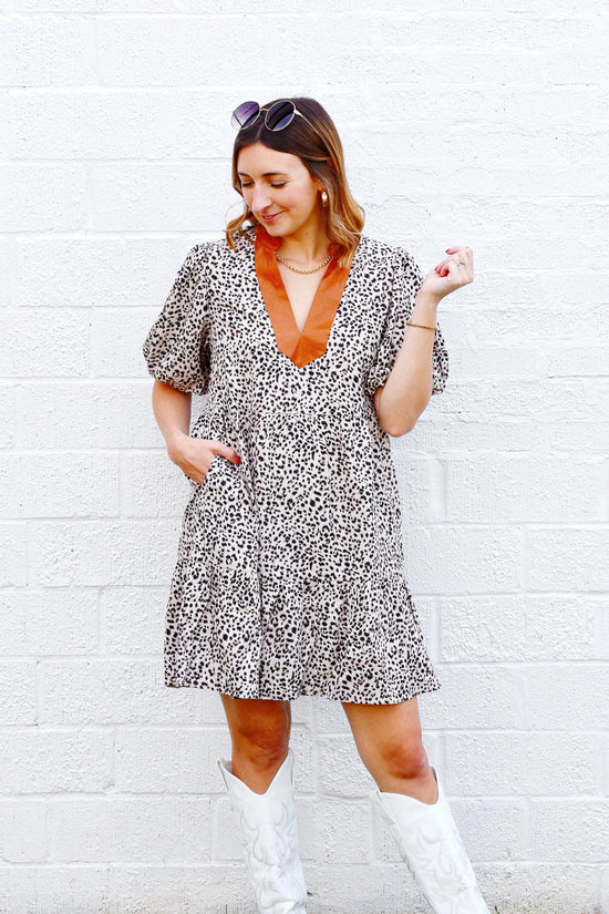 THML Cheetah Spot Puff Sleeve Leopard Trim Dress