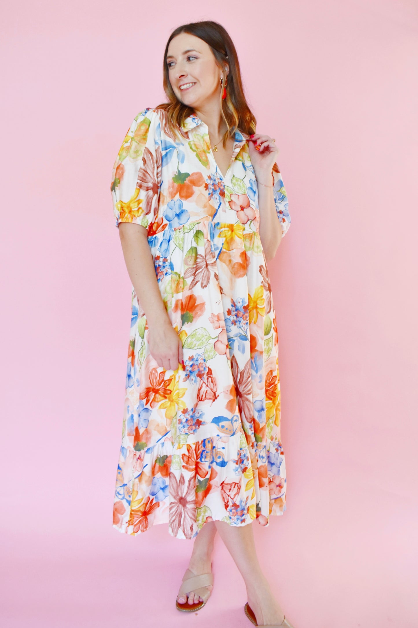 Watercolor Multi Floral Collared Midi Dress