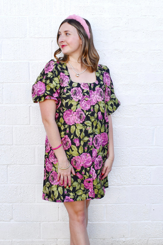 Black Jacquard Floral Button Puff Sleeve Dress