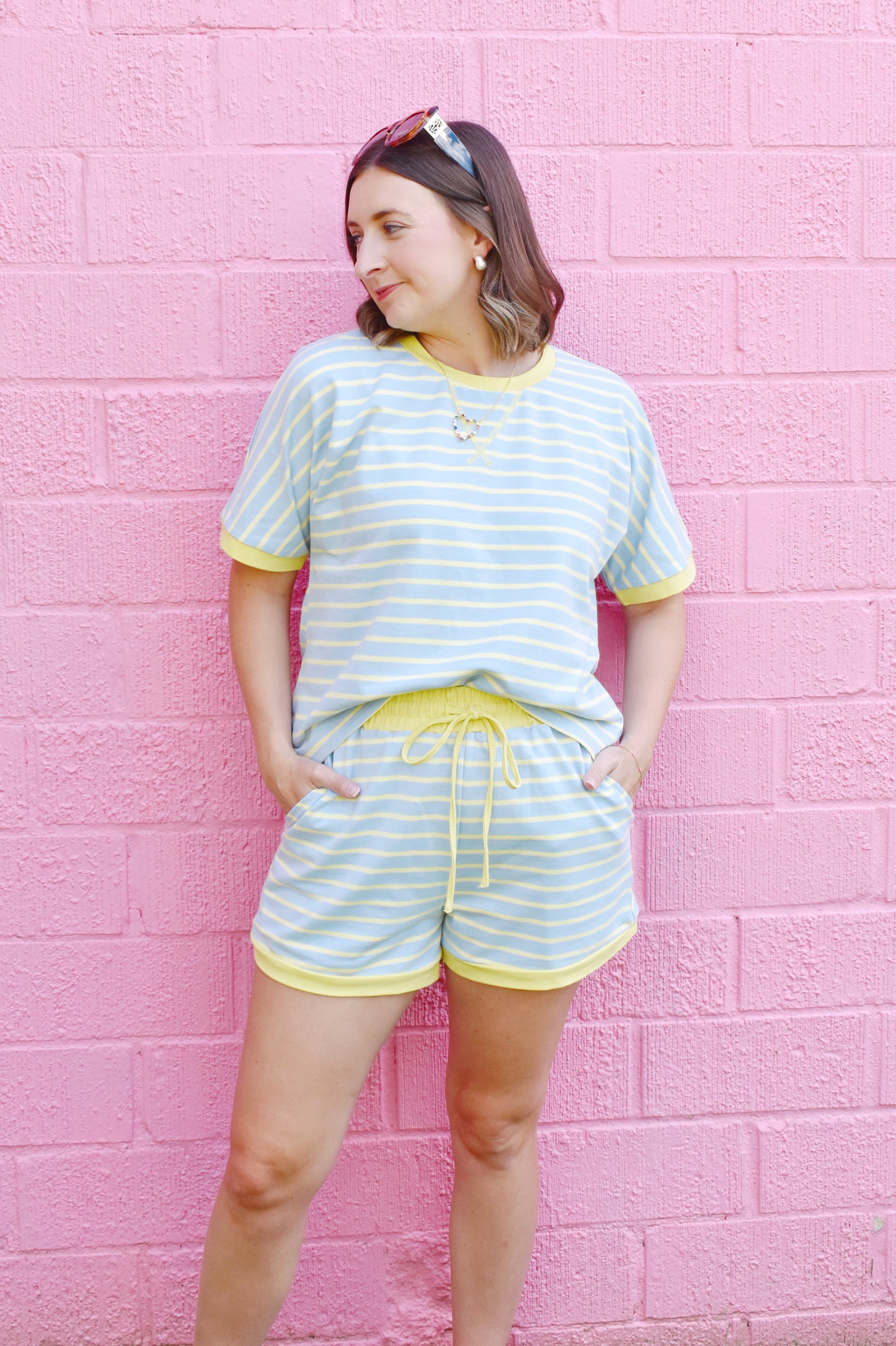Light Blue & Yellow Stripe Drawstring Shorts