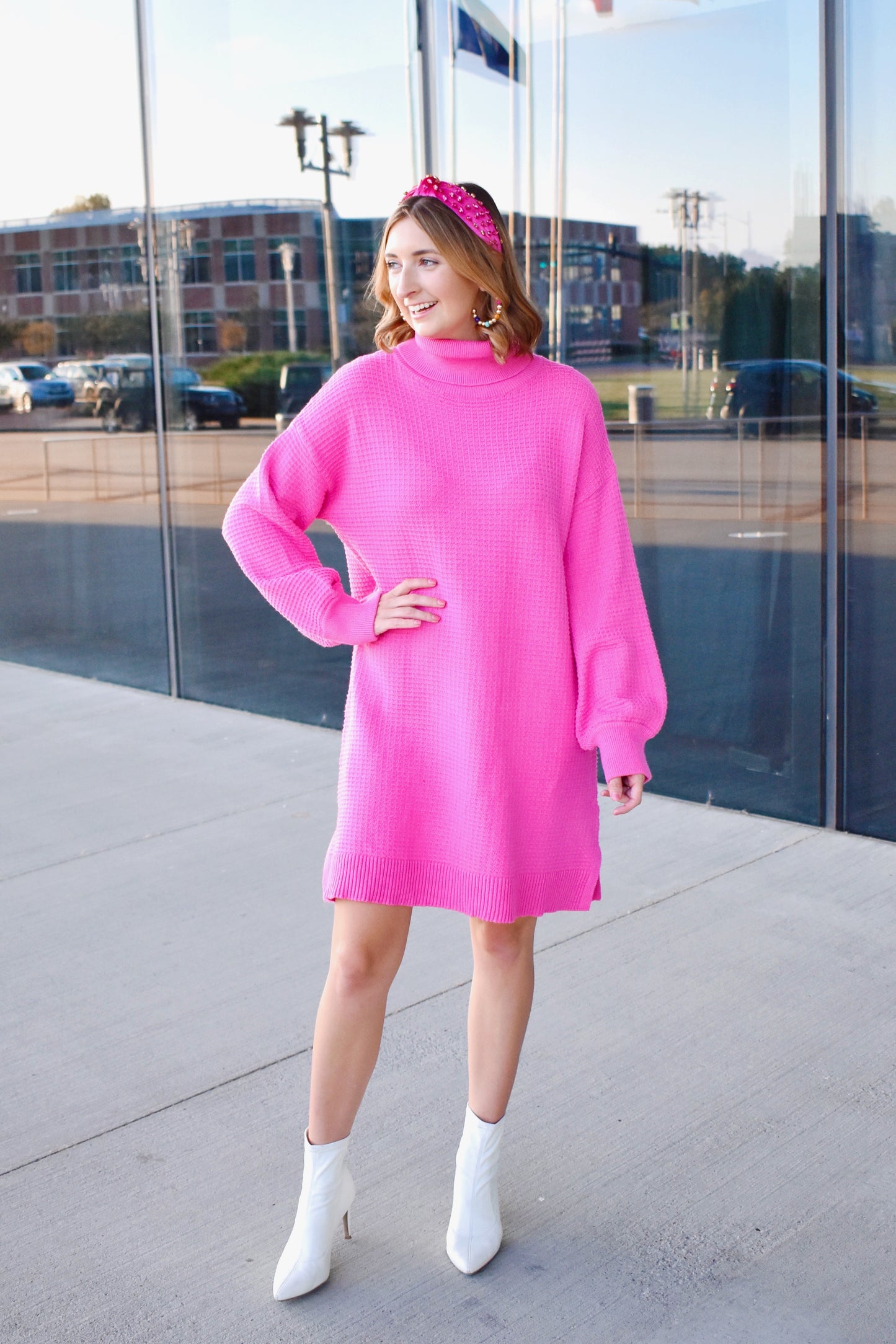 Pink Waffle Knit Turtleneck Sweater Dress