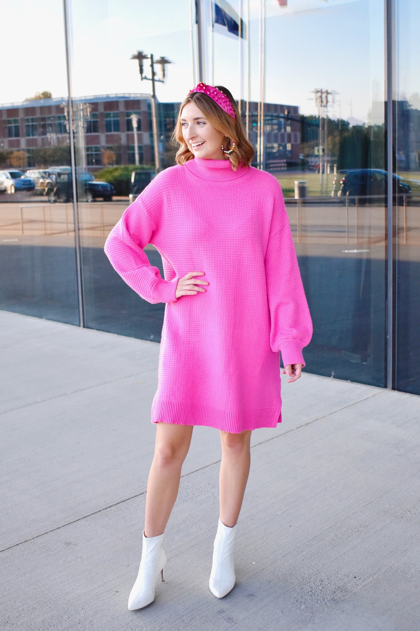 Pink Waffle Knit Turtleneck Sweater Dress – Confetti Boutique