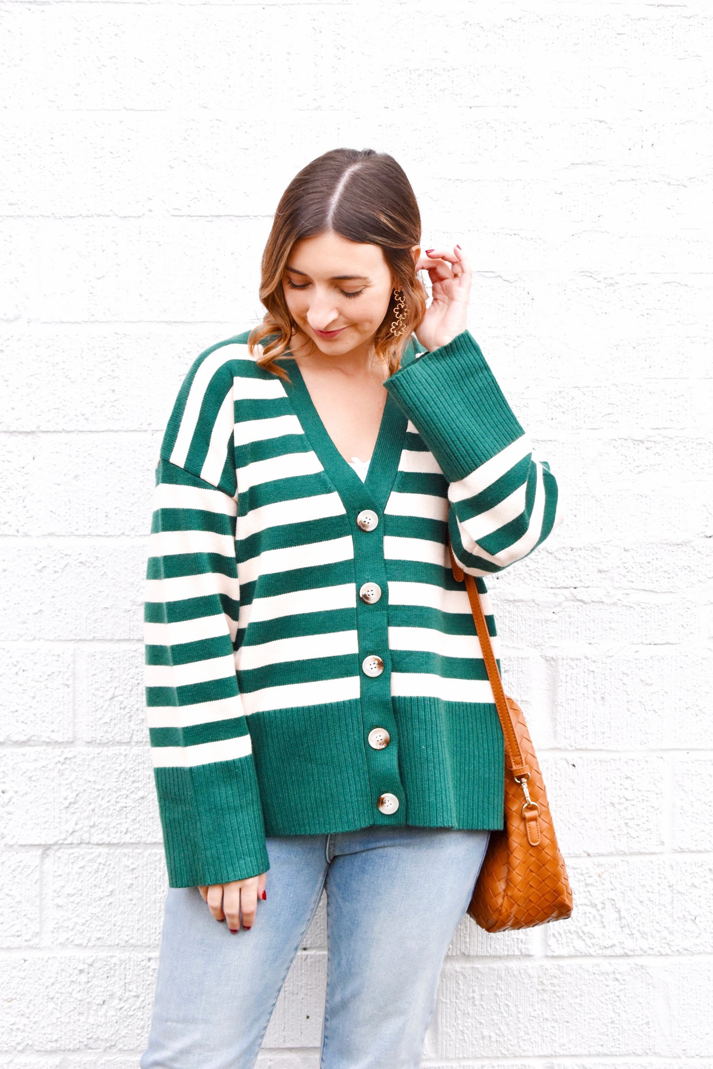 Hunter Green Striped Cardigan Sweater