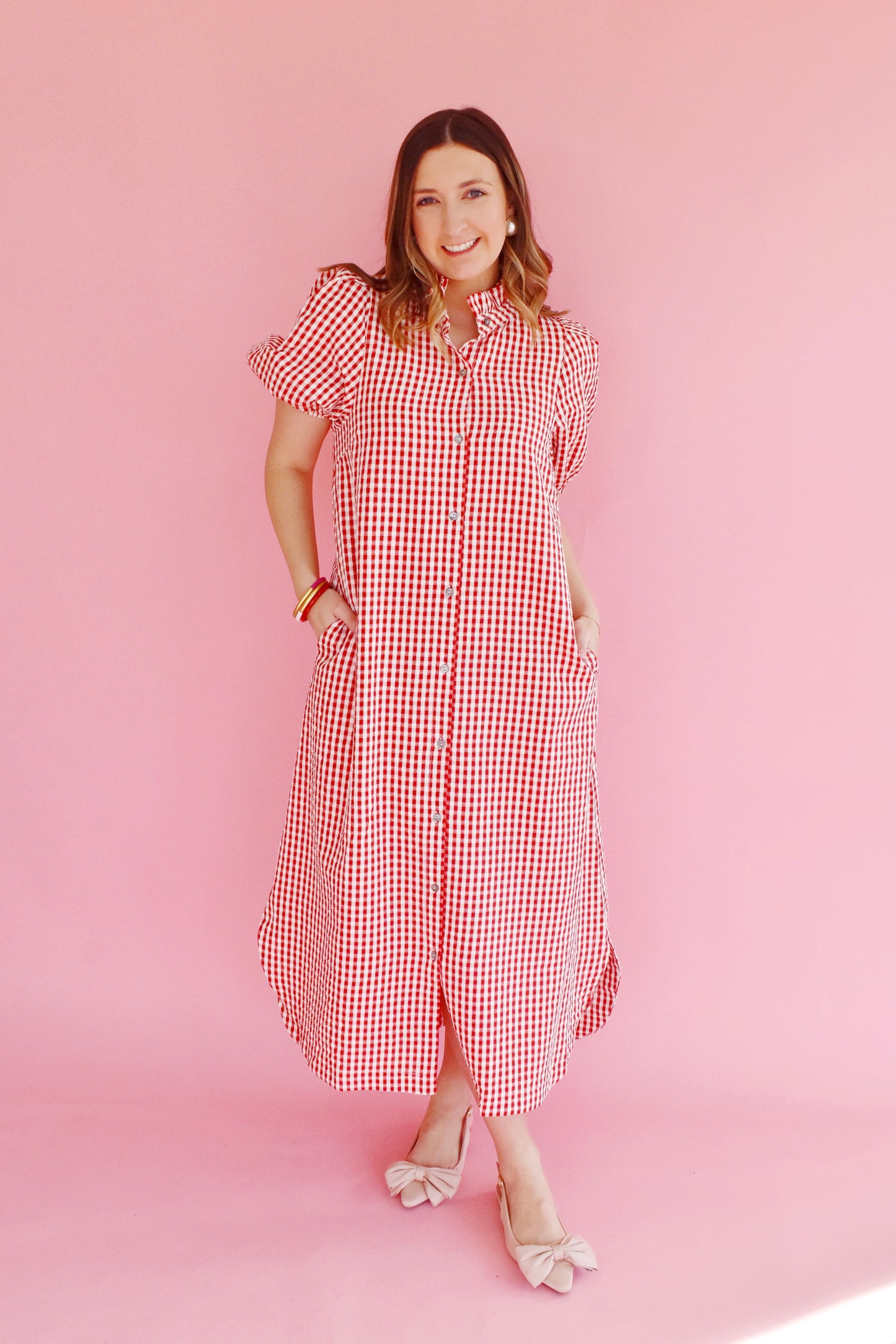 Red Gingham Button Down Midi Dress