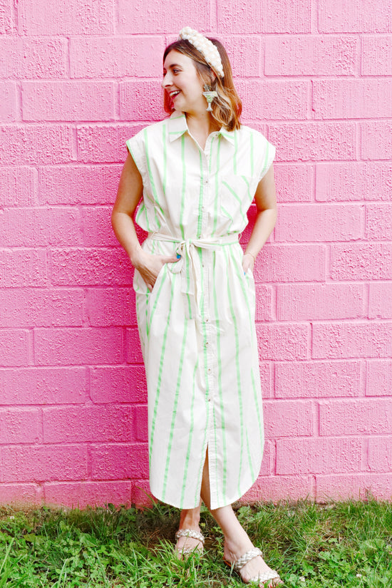 Lime Striped Midi Shirt Dress