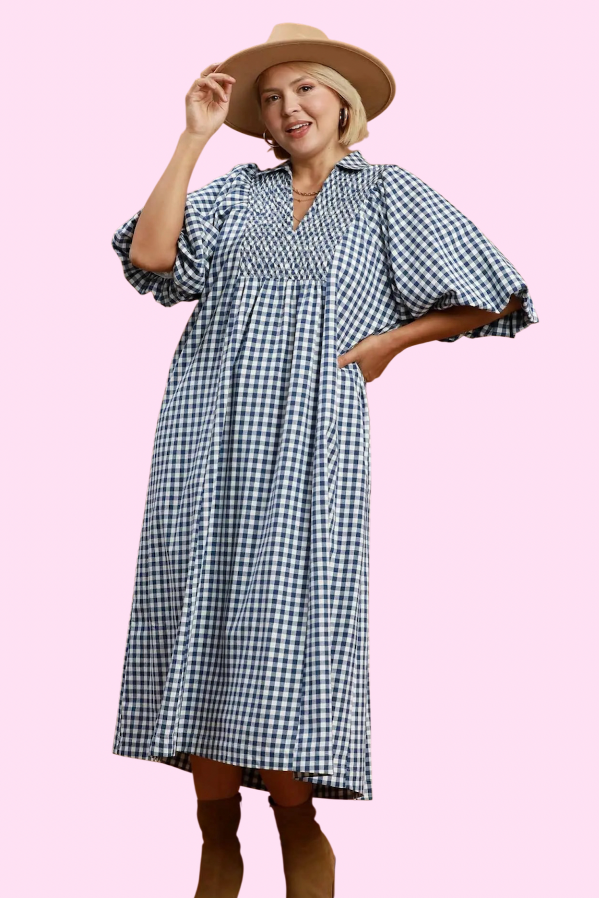 Plus Blue Gingham Smocked Front Collared Midi Dress