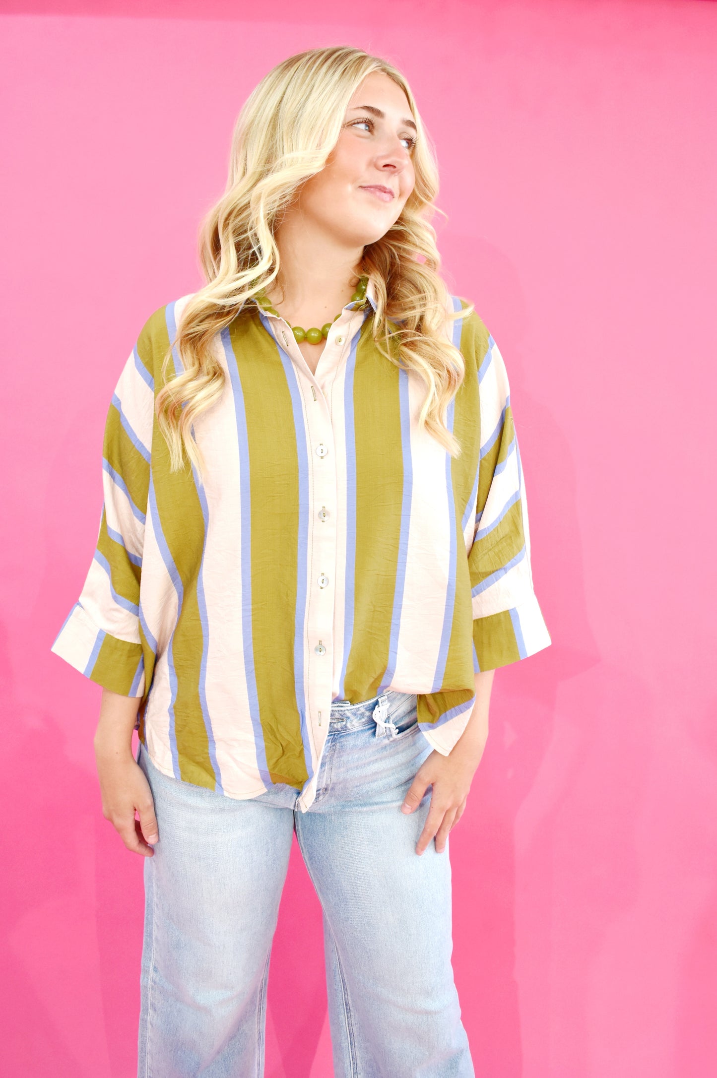 Olive Blue Striped Button Down Blouse