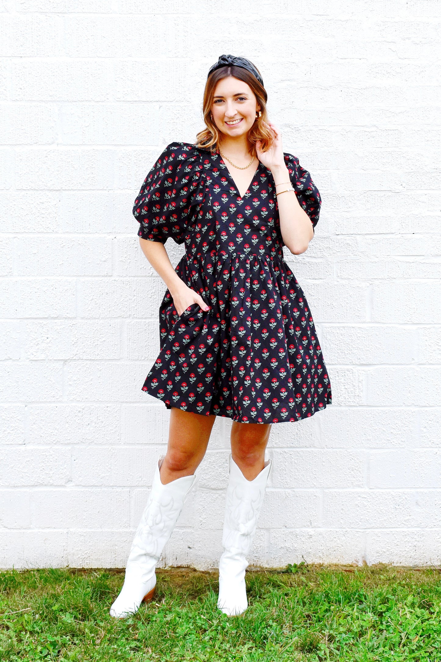 Black Red Floral Collared Dress