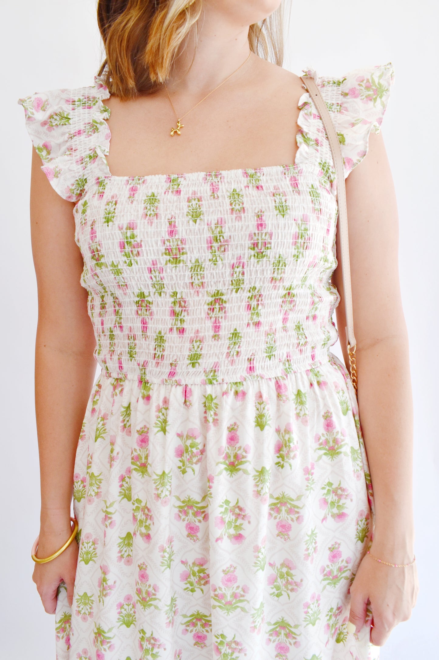 Pink Fem Floral Smocked Midi Dress