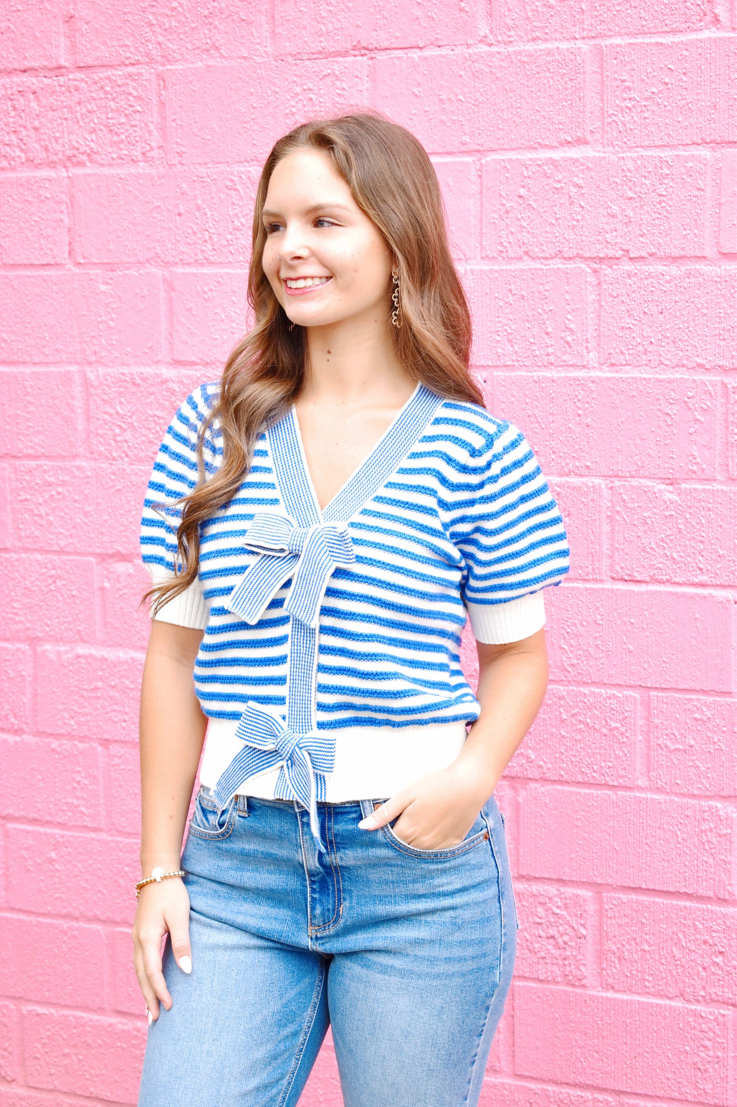 Blue Stripe Bow Sweater