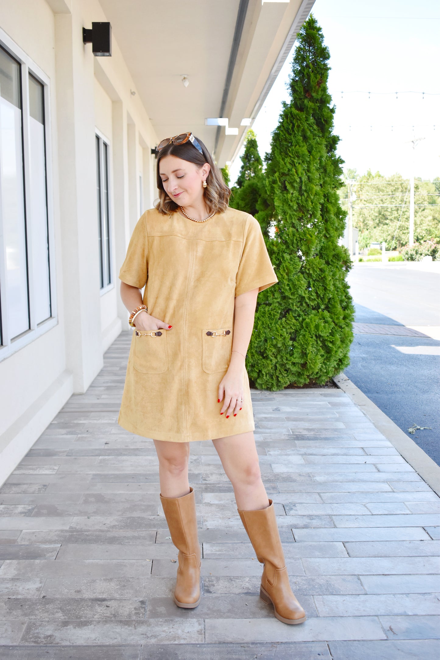 Suede Horsebit Pocket Dress
