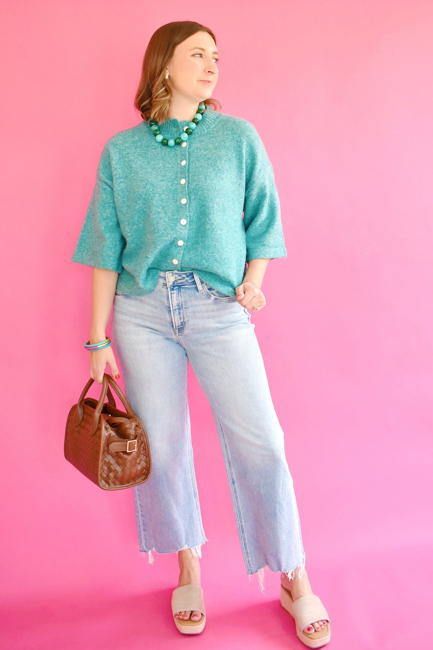 Teal Green Button Down Short Sleeve Cardigan