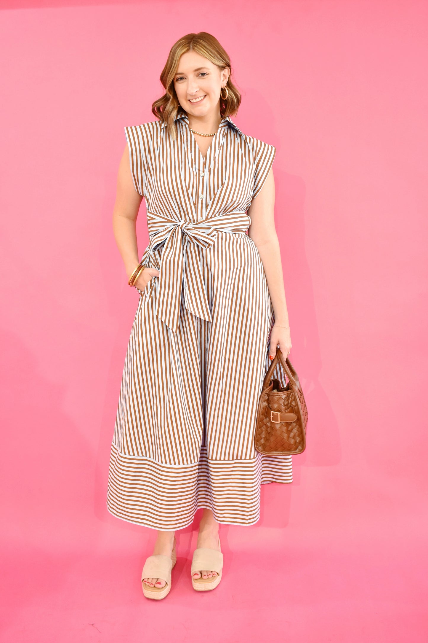 Blue & Chocolate Striped Collared Tie Waist Dress