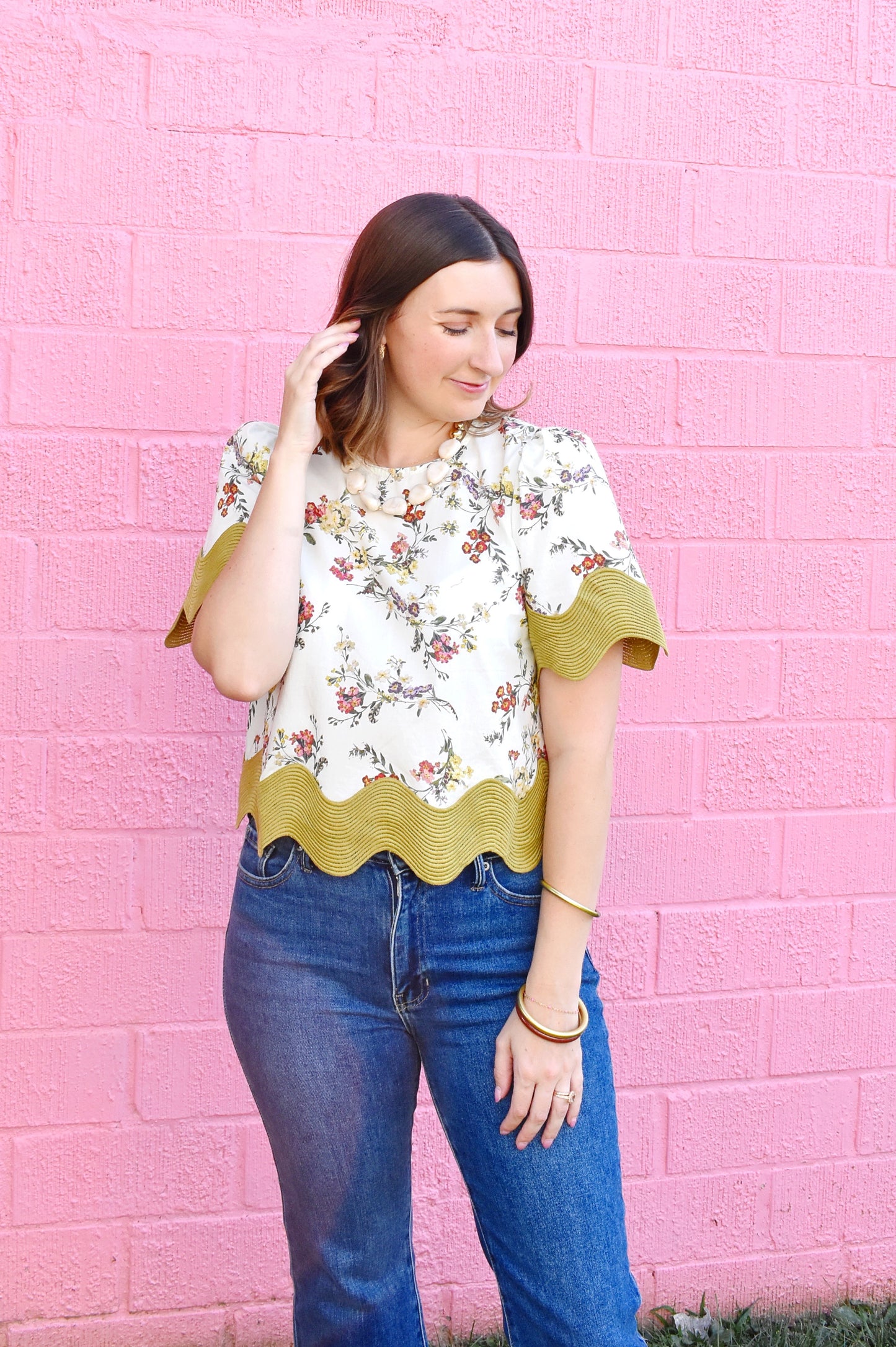 Fall Floral Oversized Wave Trim Blouse