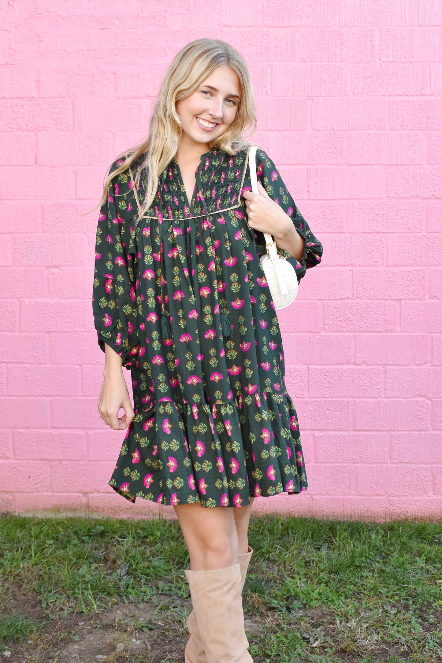 Hunter Green & Pink Floral Mini Dress