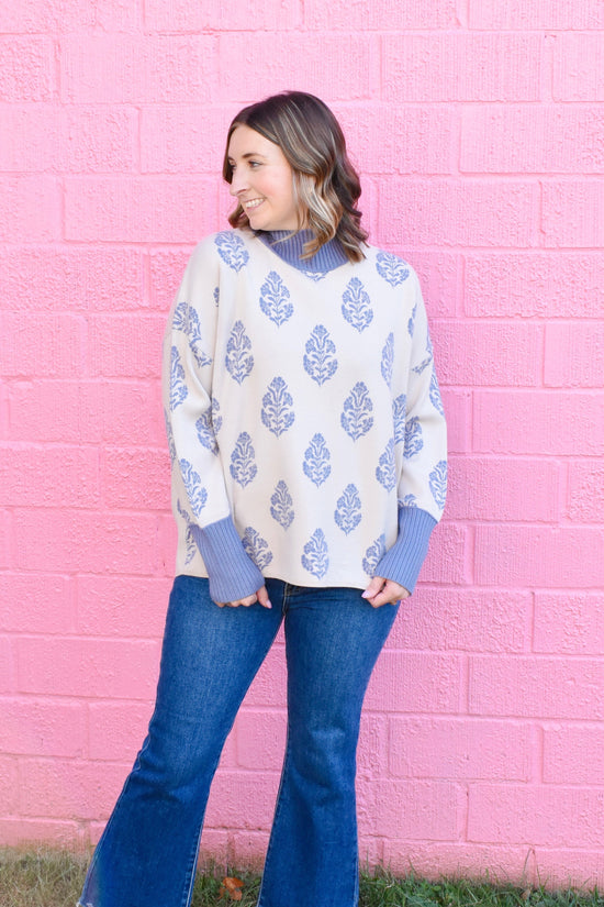 Ecru Blue Botanical Printed Mock Neck Sweater