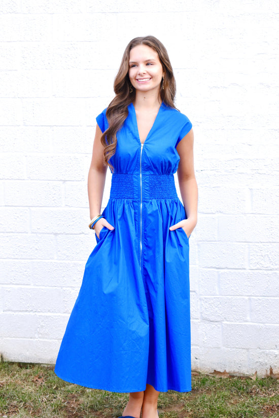 Royal Blue Zip Up Midi Dress