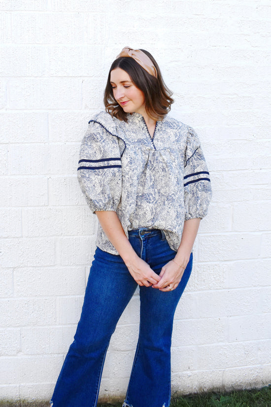 Navy Toile Blanket Stitch Detail Blouse