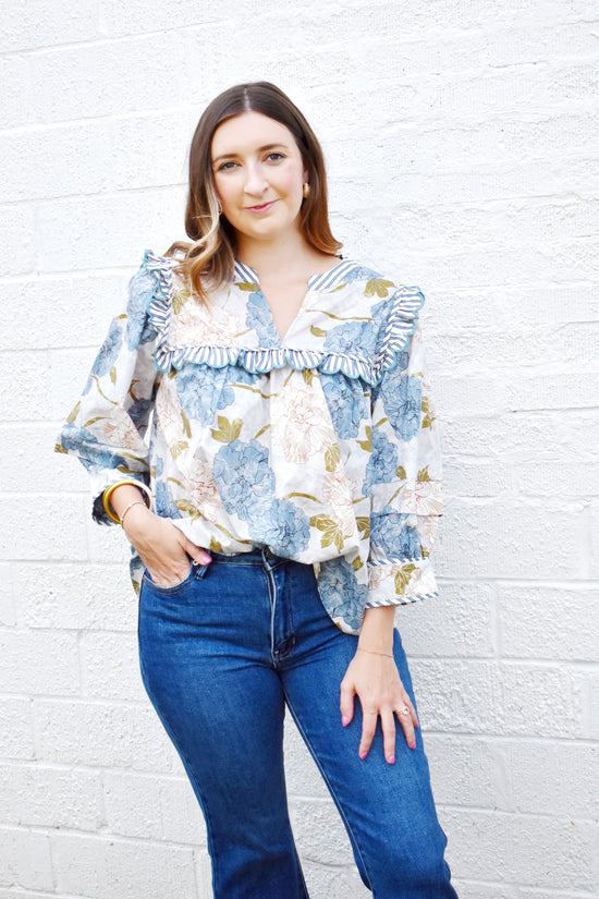 Blue Hydrangea Stripe Contrast Scallop Detail Blouse