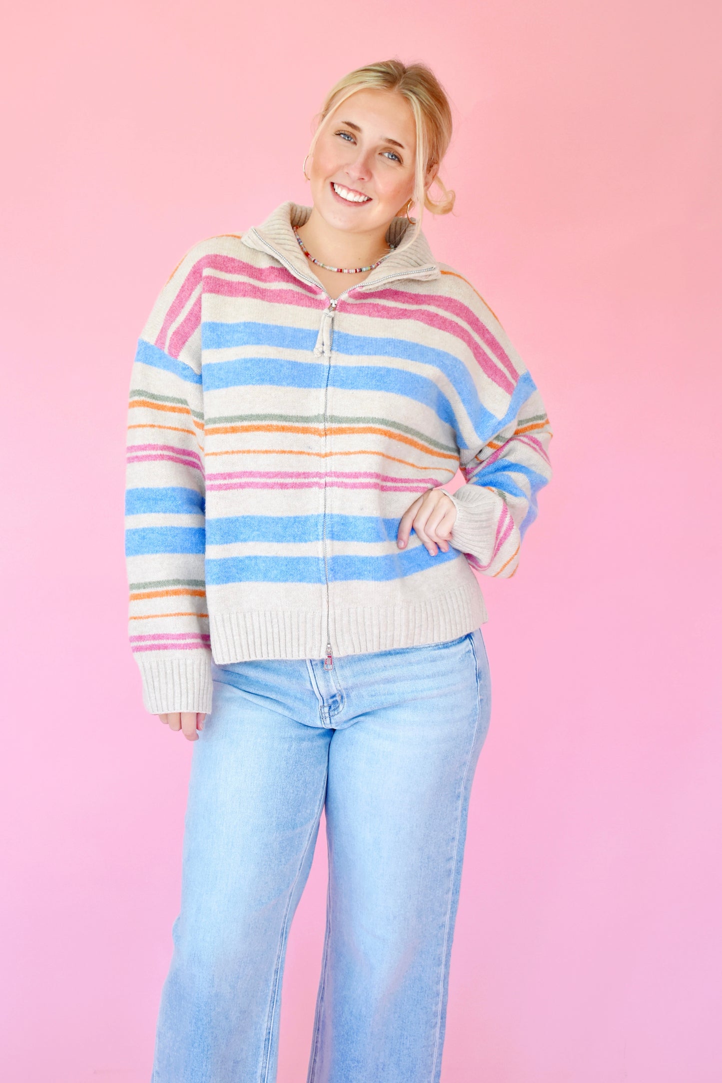 Biscotti Multi Striped Zip Up Cardigan Sweater